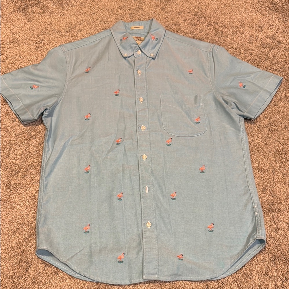 J Crew Short Sleeve Turquoise Embroidered Flamingo Stretch Cotton Men's Shirt